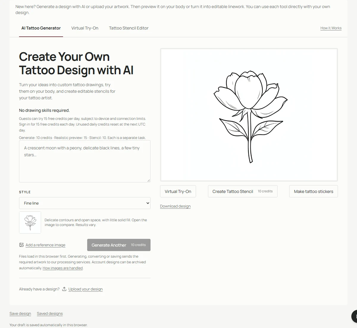 Generated peony loaded in the studio with download and next-step actions