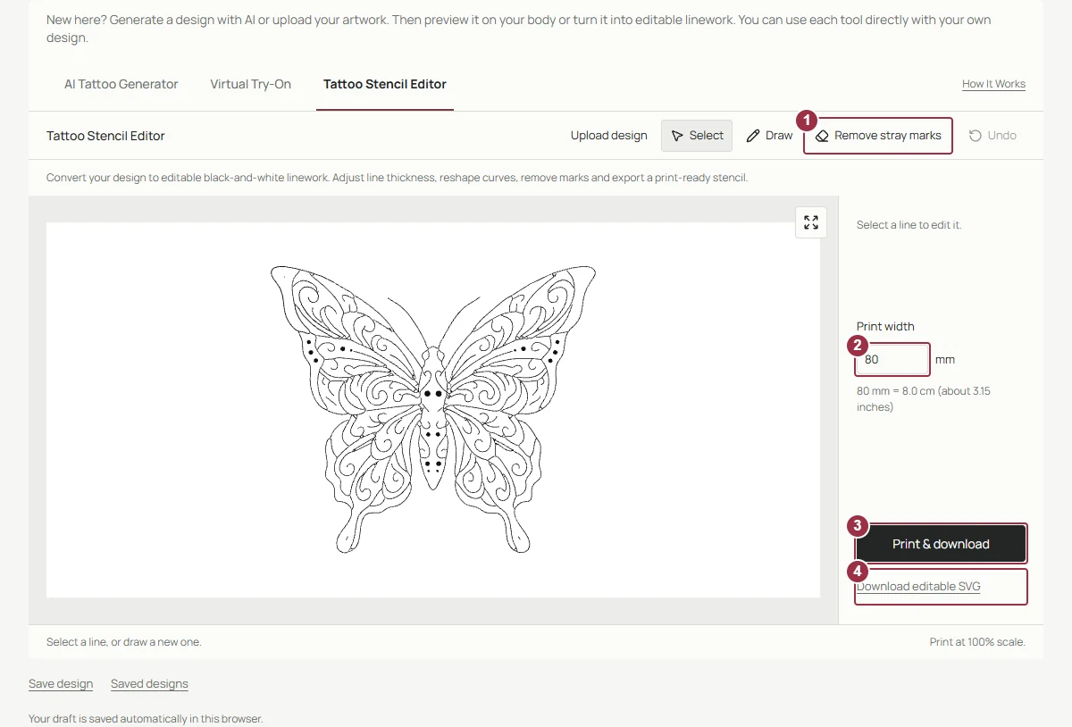 Actual stencil editor with line tools, cleanup and print-width controls