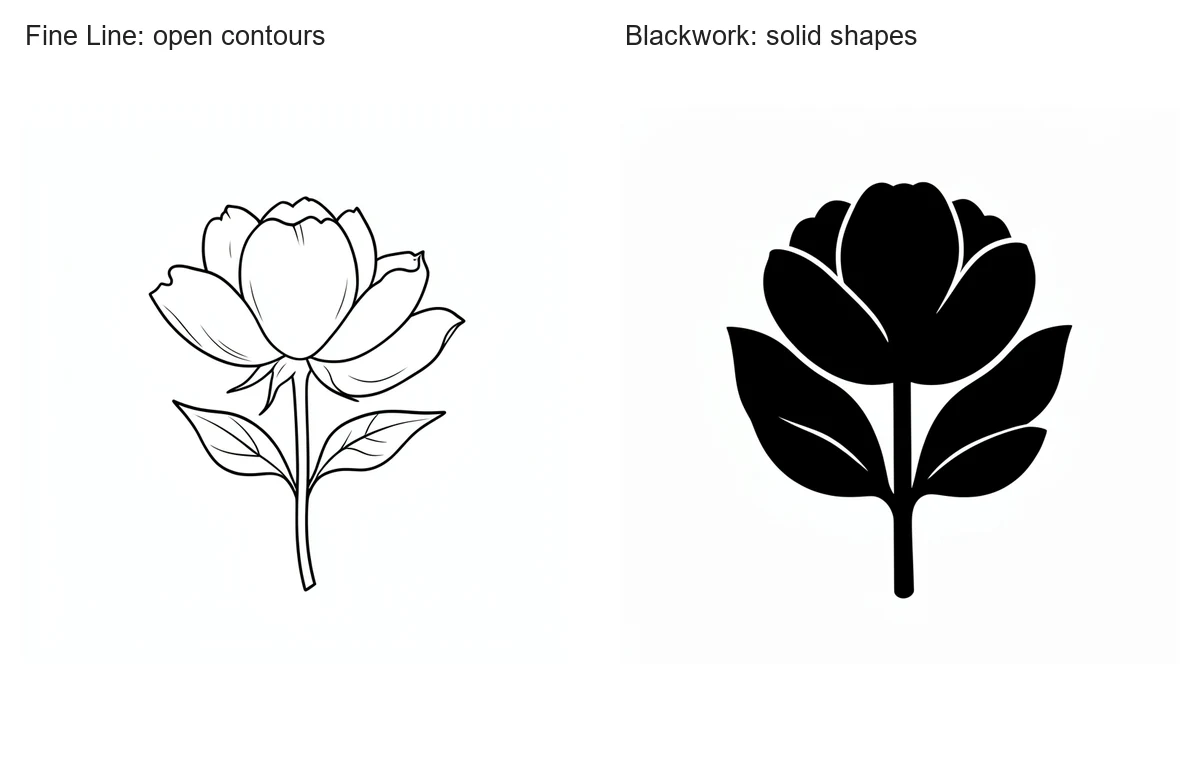 Fine-line and blackwork peony examples shown at matching viewing sizes