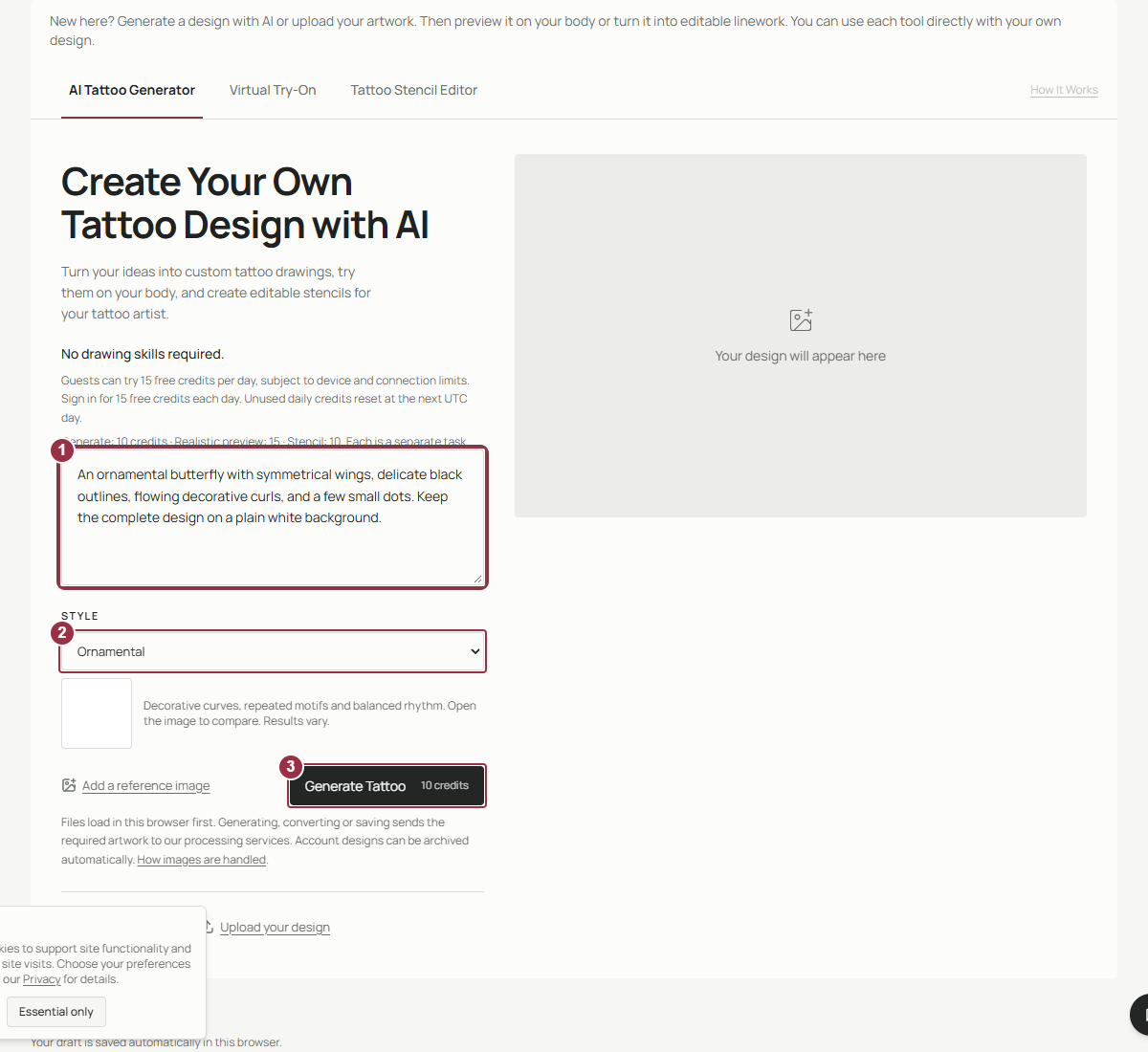 Create tab with numbered annotations around the tattoo description, Style selector, and Generate Tattoo button