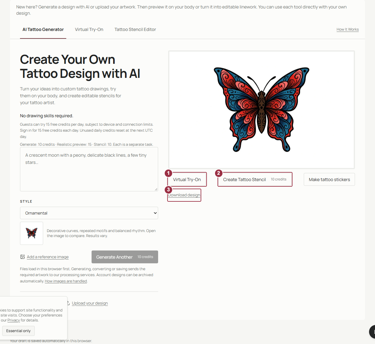 Ornamental butterfly design in the actual studio with Try on, Create Tattoo Stencil, and Download design actions numbered