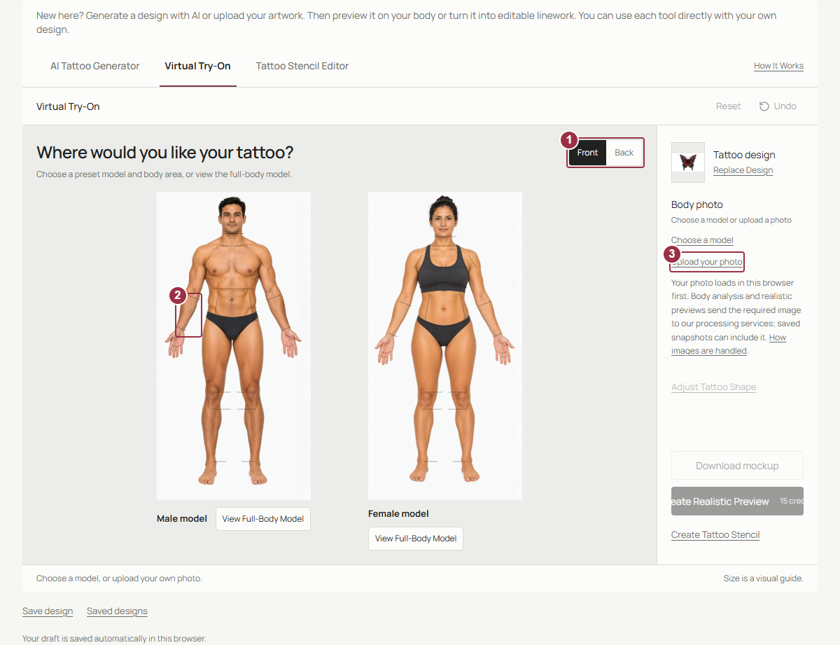 Try-on model selector with Front and Back controls, a right forearm hotspot, and Upload your photo annotated