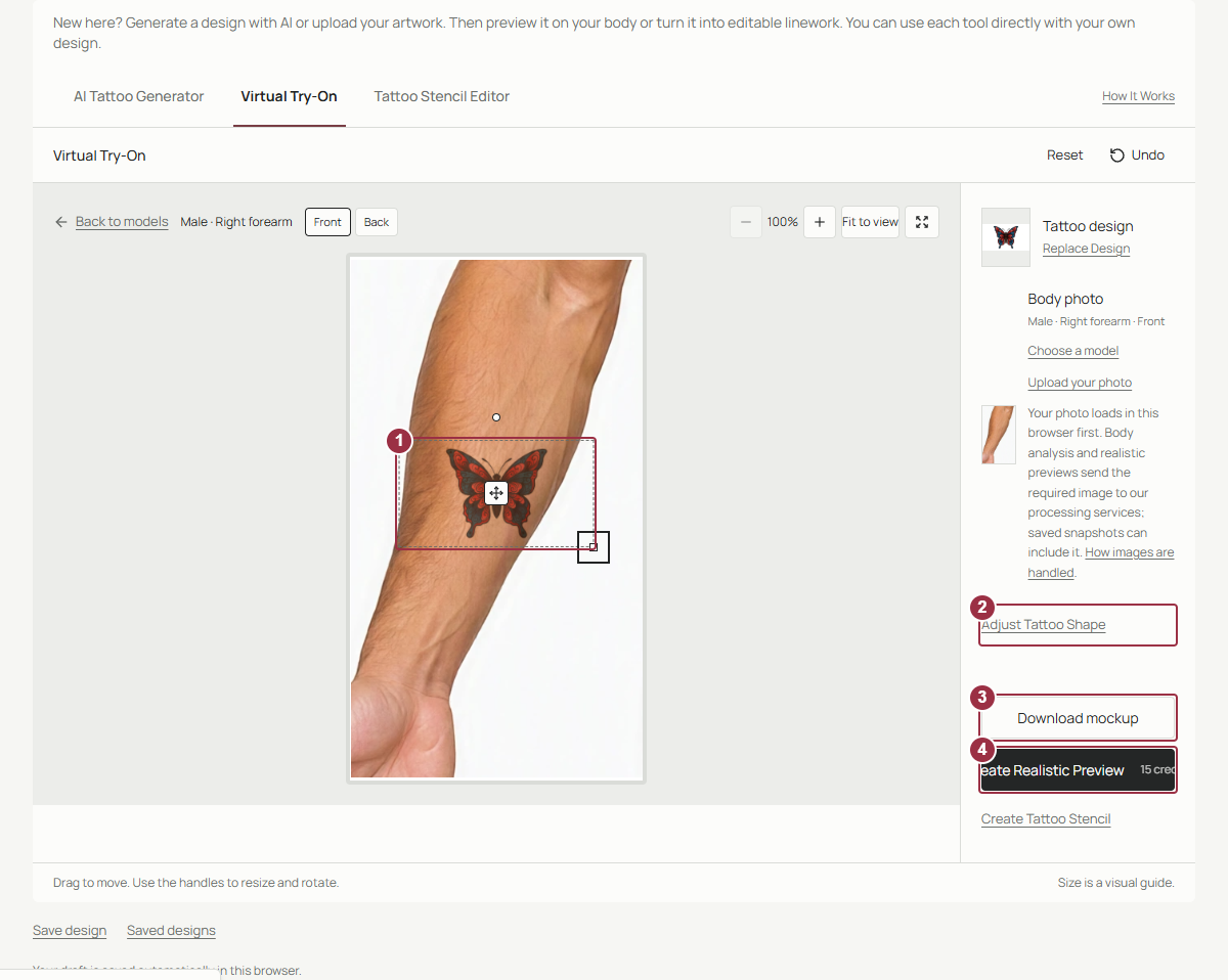 Butterfly placed on a model forearm with Move tattoo, Adjust Tattoo Shape, Download mockup, and Create Realistic Preview numbered