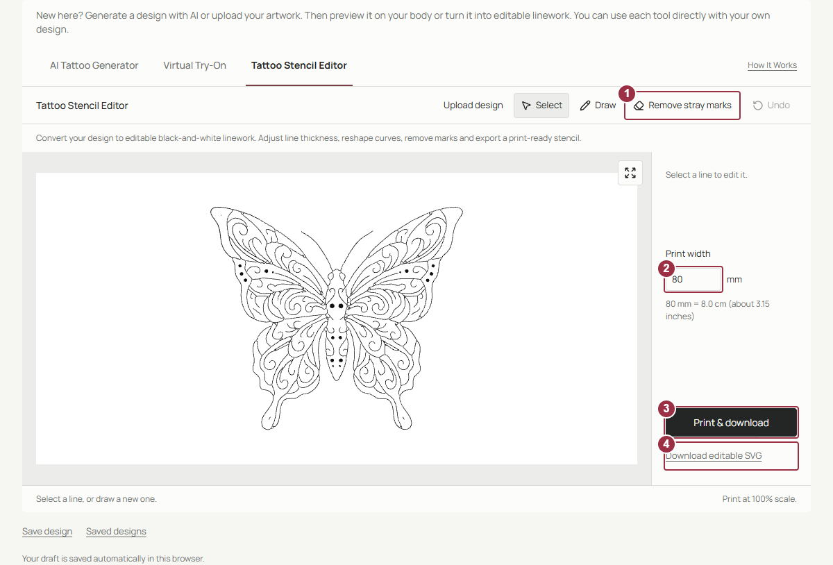 Matching butterfly stencil open in the actual editor with cleanup, Print width, Print and download, and editable SVG export annotated