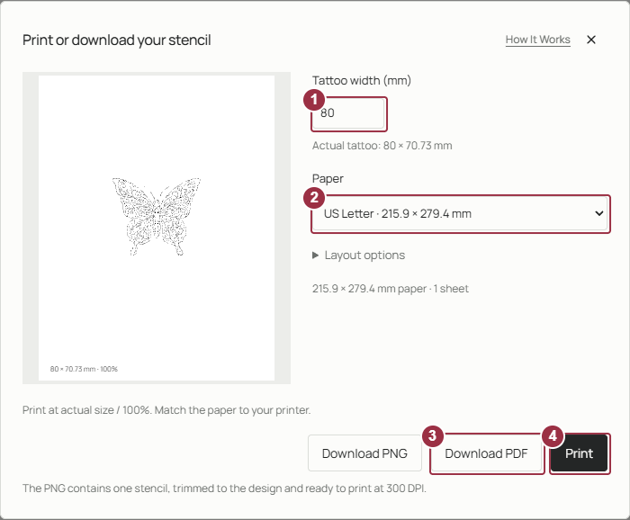Stencil print dialog with an 80 millimeter butterfly, paper selection, Download PDF, and Print controls numbered