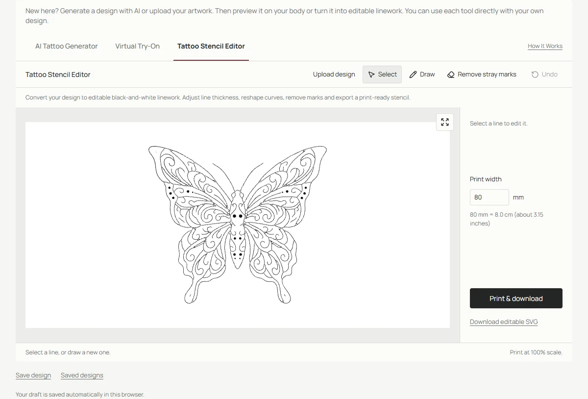 Stencil print-width field with millimeter, centimeter and inch conversion