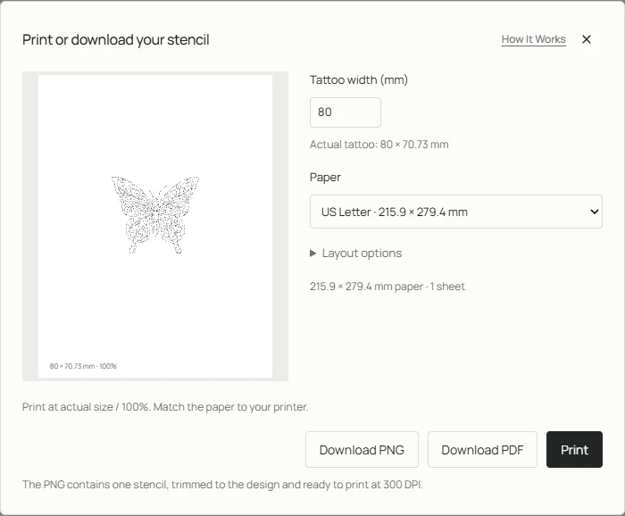 Print dialog showing an 80 mm butterfly stencil on the selected paper