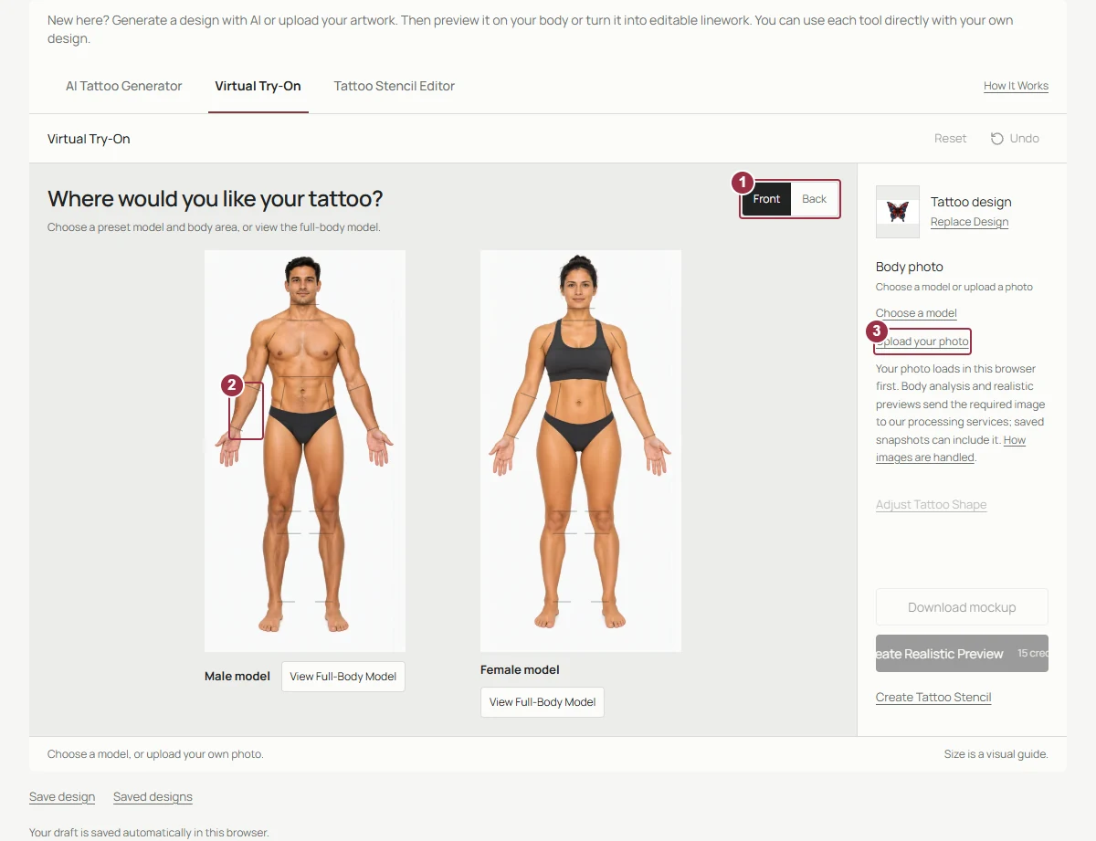 Built-in model selector with front and back controls and body regions