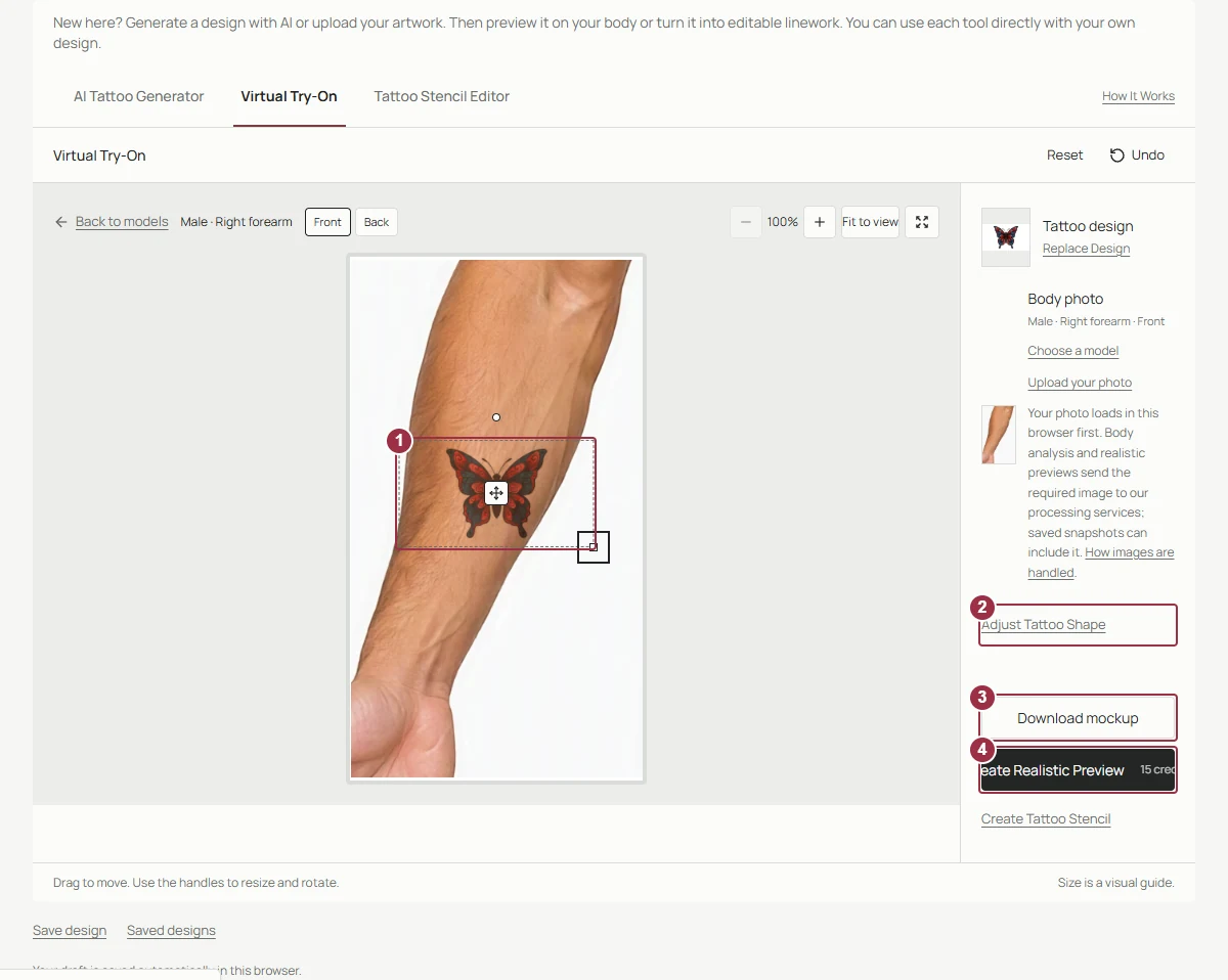 Butterfly tattoo positioned on a forearm with move and resize handles