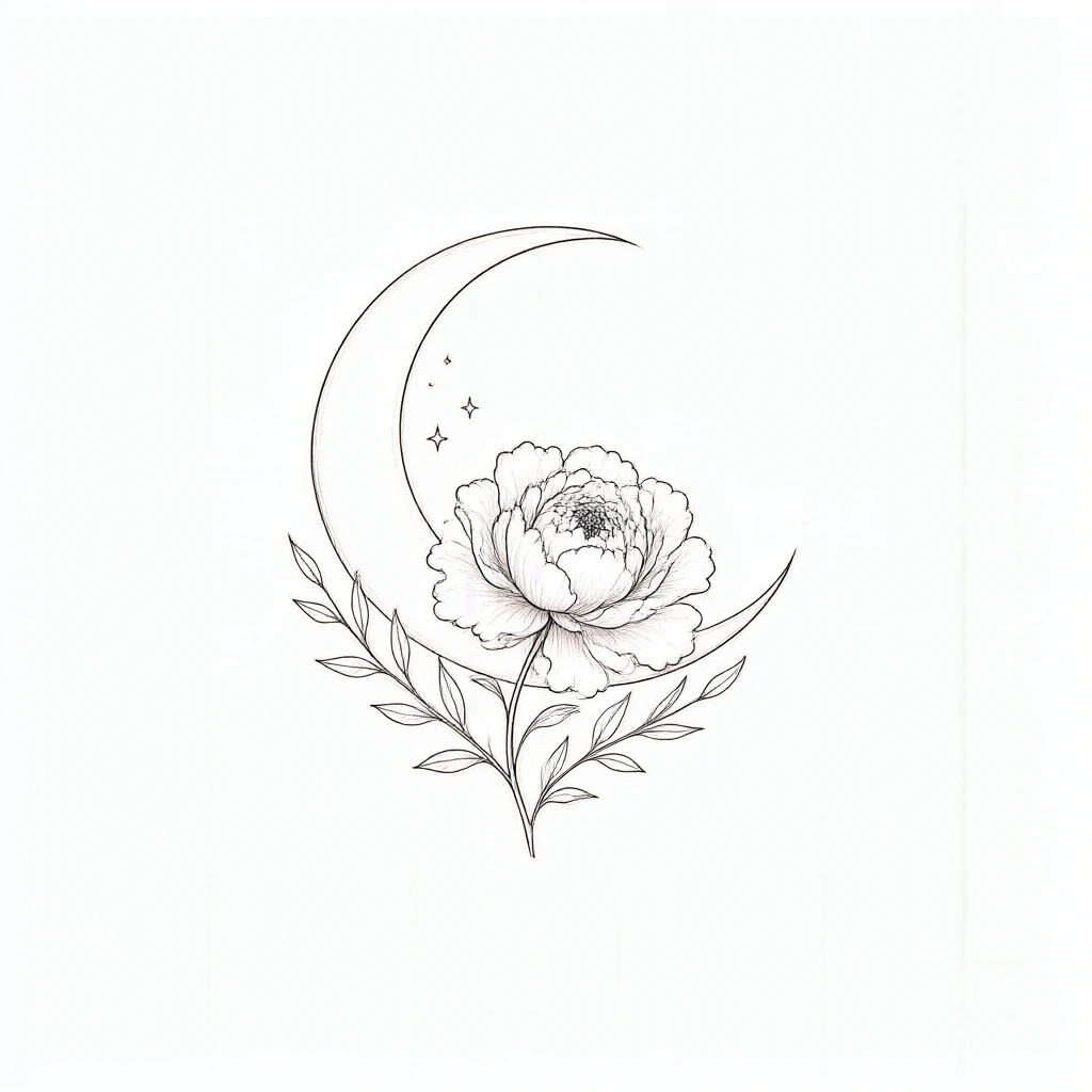 Fine-line crescent moon with a peony and leafy stems