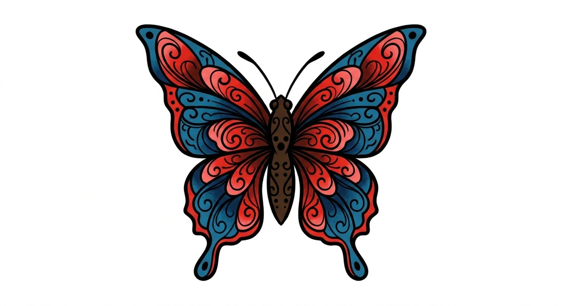 Red and blue ornamental butterfly tattoo design