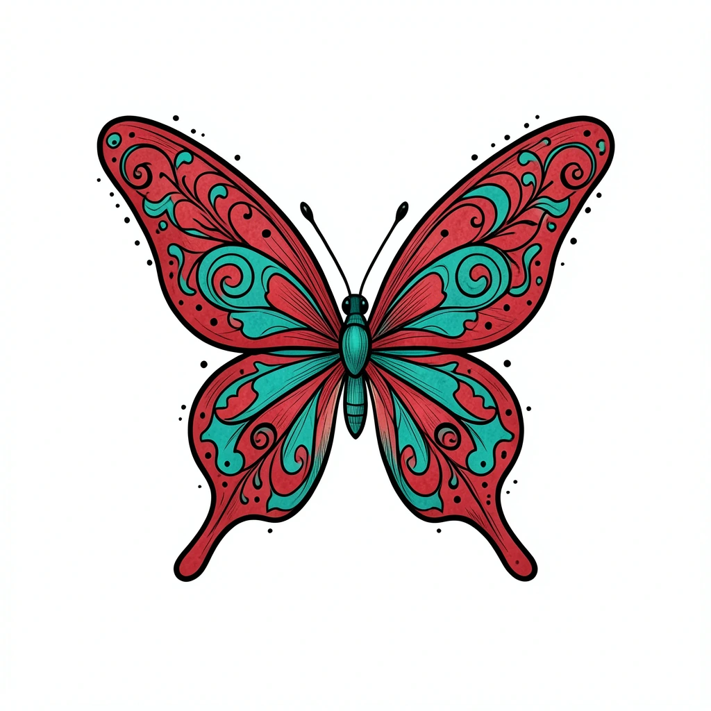 Red and turquoise ornamental butterfly before trying it on